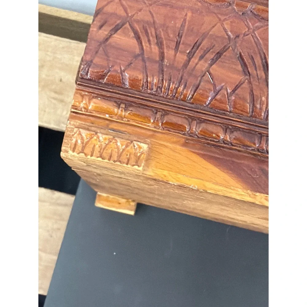 Vintage Cedar Wood Jewelry Box Hand Carved Cottage Landscape Keepsake Chest